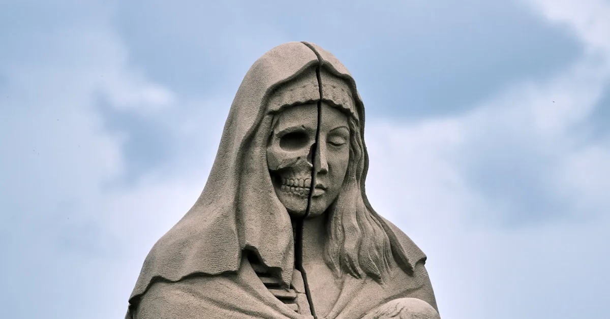 Estátua de pedra esculpida de um santo sob o céu azul